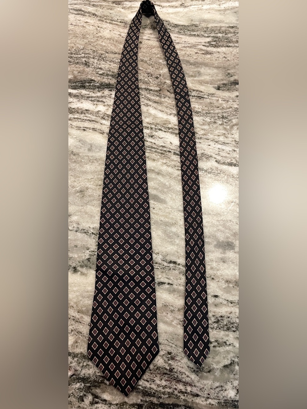 Vintage Hardy Amies Savile Row London Silk Necktie – Navy Geometric Medallion